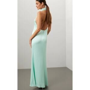 Sally LaPointe Dress Womens 0 Blue Green‎ Satin Halter Gown Backless Shift